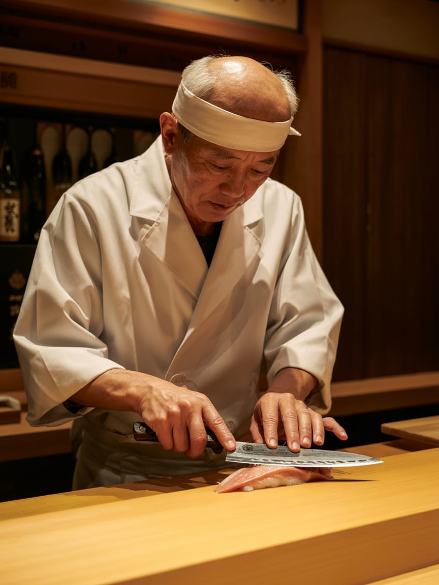 Portrait of the head sushi chef behind the hinoki counter