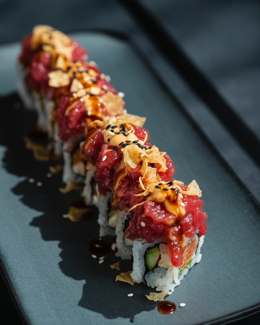 Bull Dog Prime roll with shrimp, avocado and spicy tuna topping