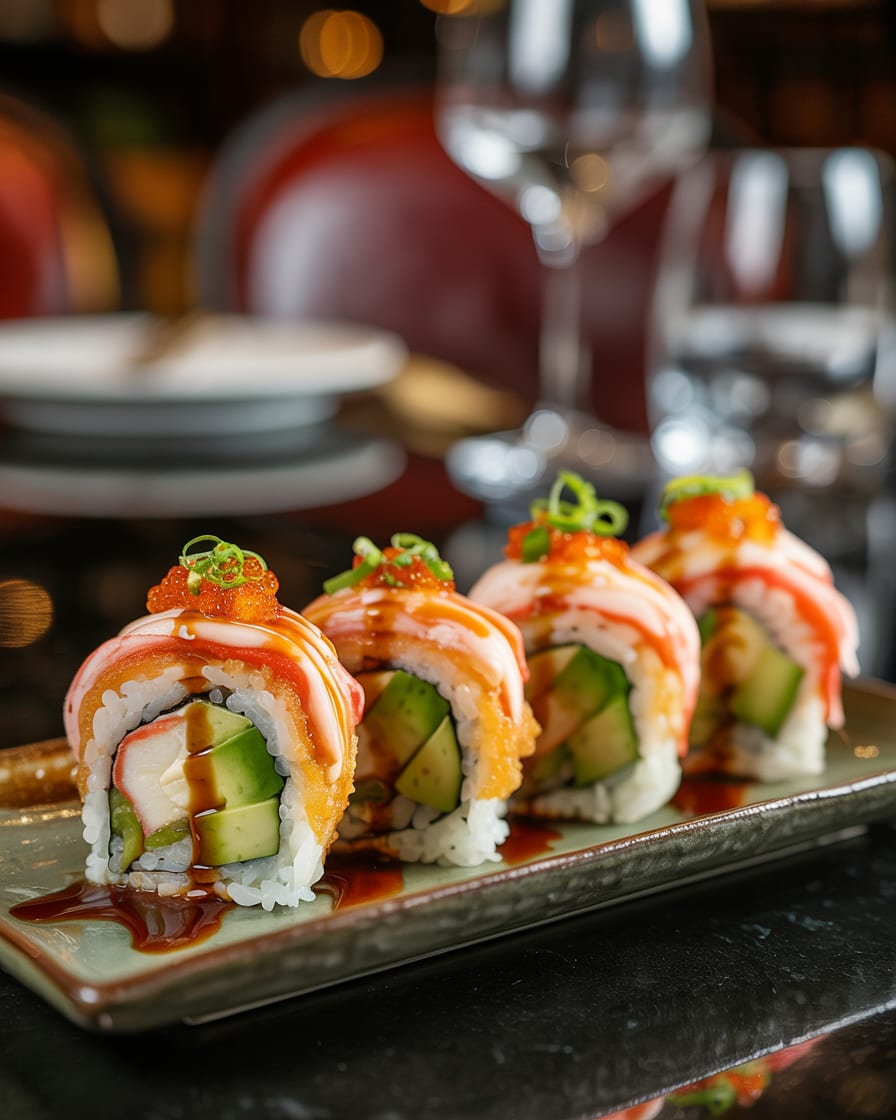 Lobster tail tempura roll with avocado and tobiko