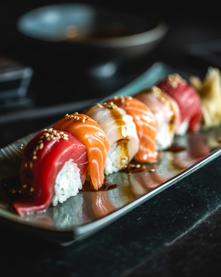 Lucy in the Sky roll topped with assorted sashimi and yuzu sauce