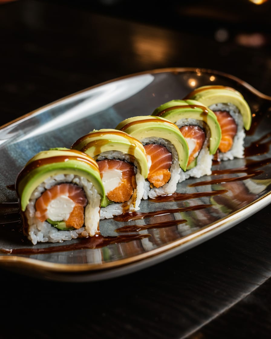 Mega Godzilla roll with shrimp tempura, eel, and smoked salmon