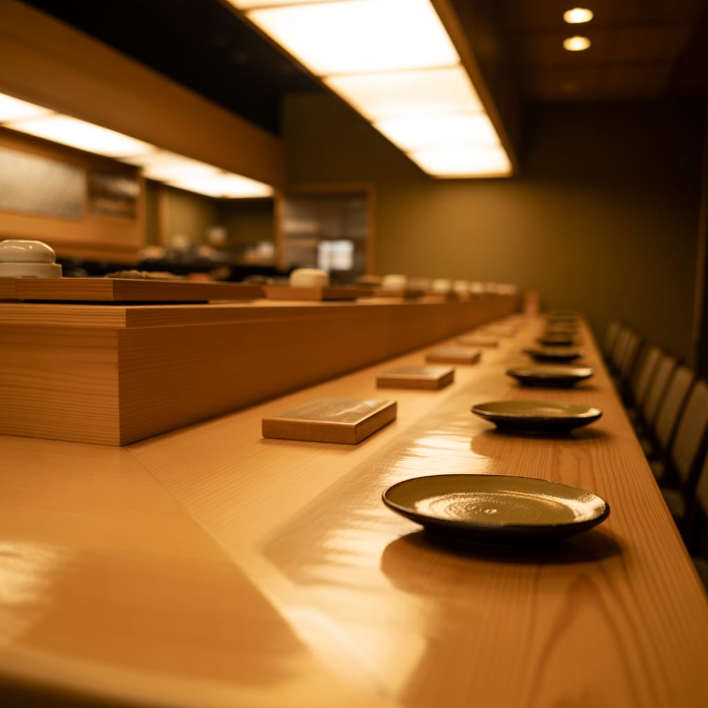 Hinoki wood sushi counter under warm pendant lighting