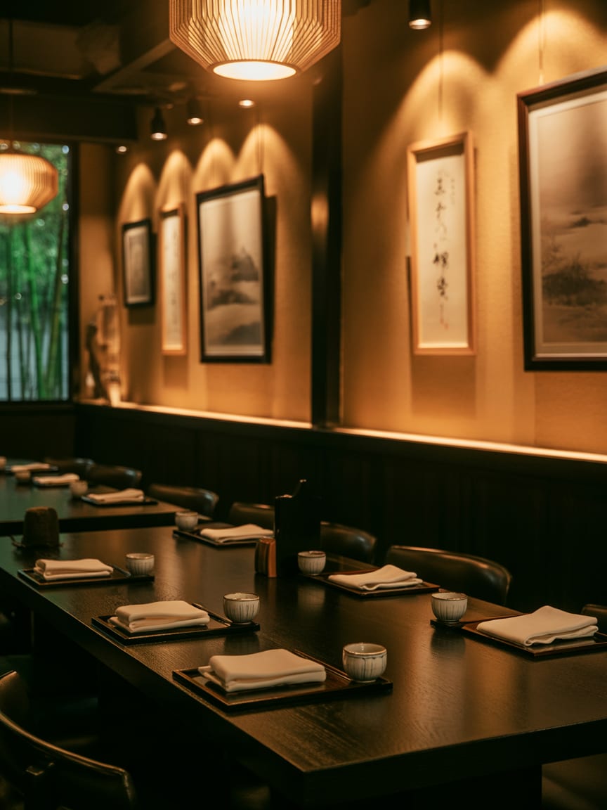 Intimate dining room with dark wood walls and warm pendant lights