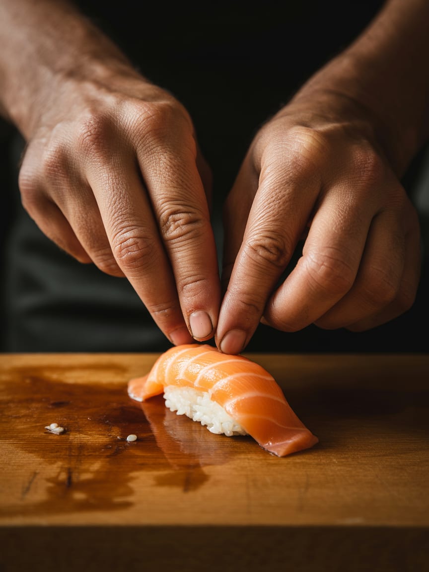 Chef's hands shaping a piece of nigiri on a wooden board