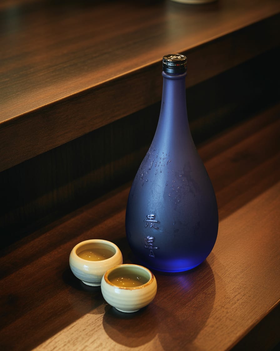 Premium Japanese sake bottle with ceramic cups on a wooden counter