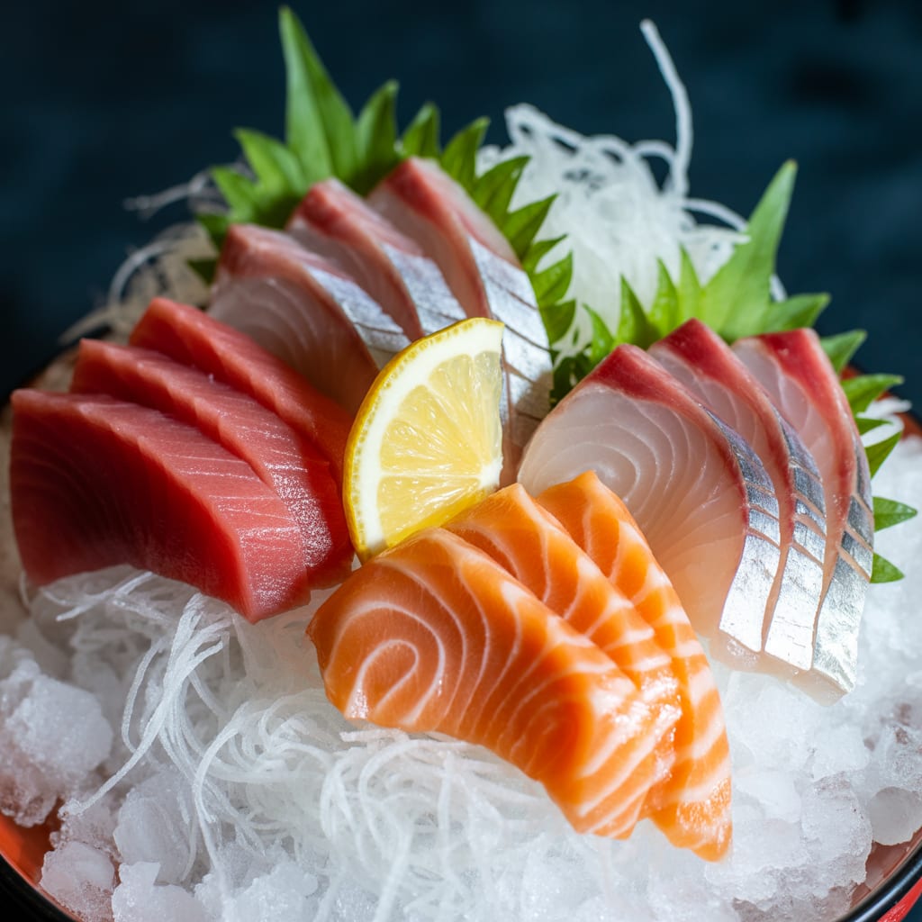 Assorted sashimi platter on crushed ice