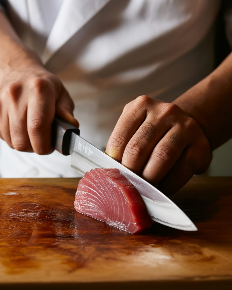 Chef slicing a tuna loin with a traditional yanagi knife