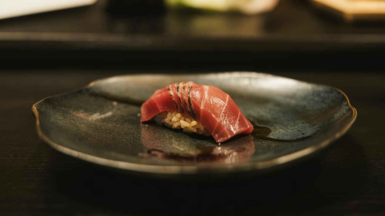 Bluefin tuna nigiri shaped by hand, dramatic cinematic lighting